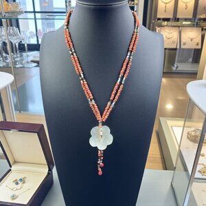 Bohemian Coral Beaded Necklace Mother Of Pearl Flower Pendant Vintage Cottagecor